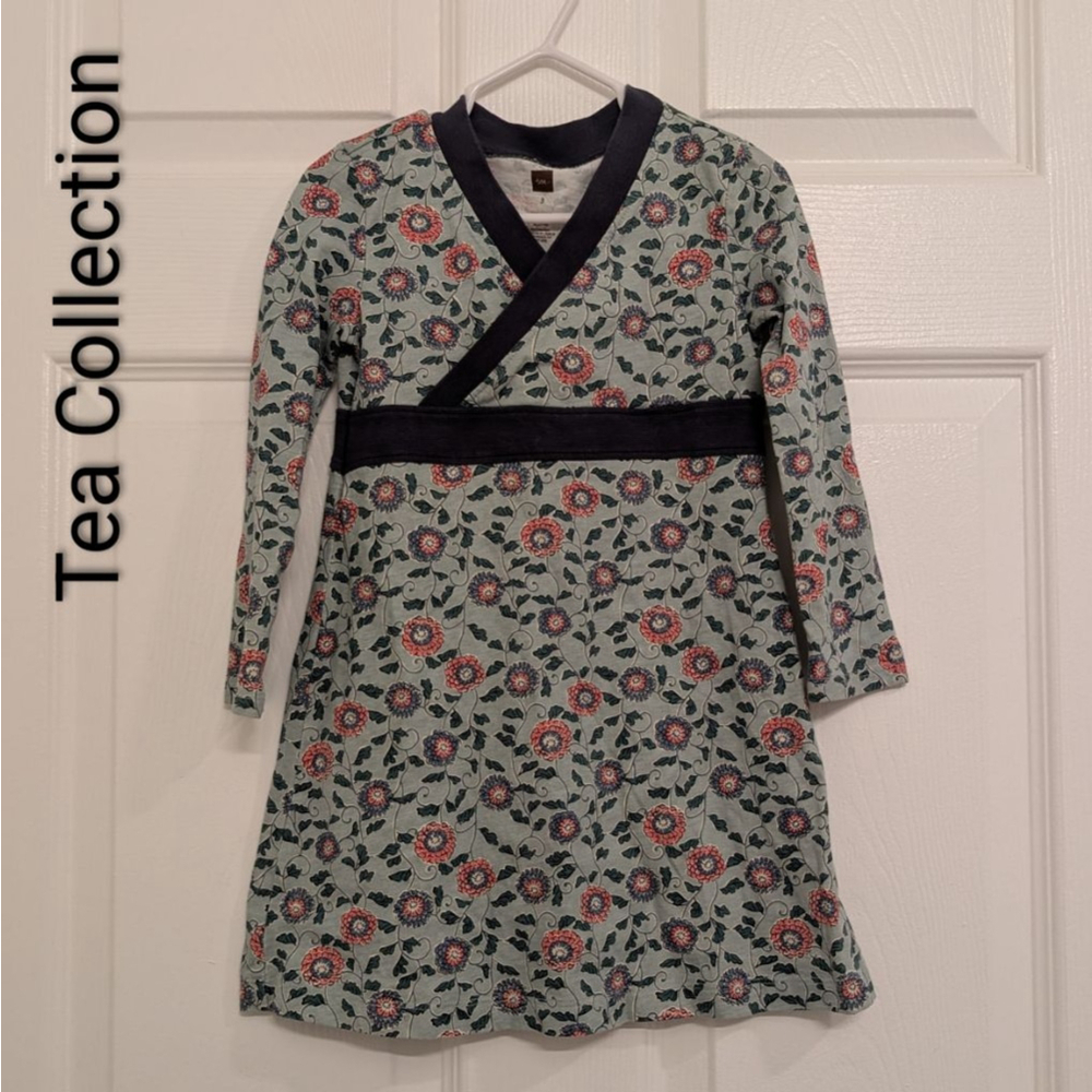 Girls Tea Collection Casual Long Sleeve Dress 3T Light Blue Floral Asian Style